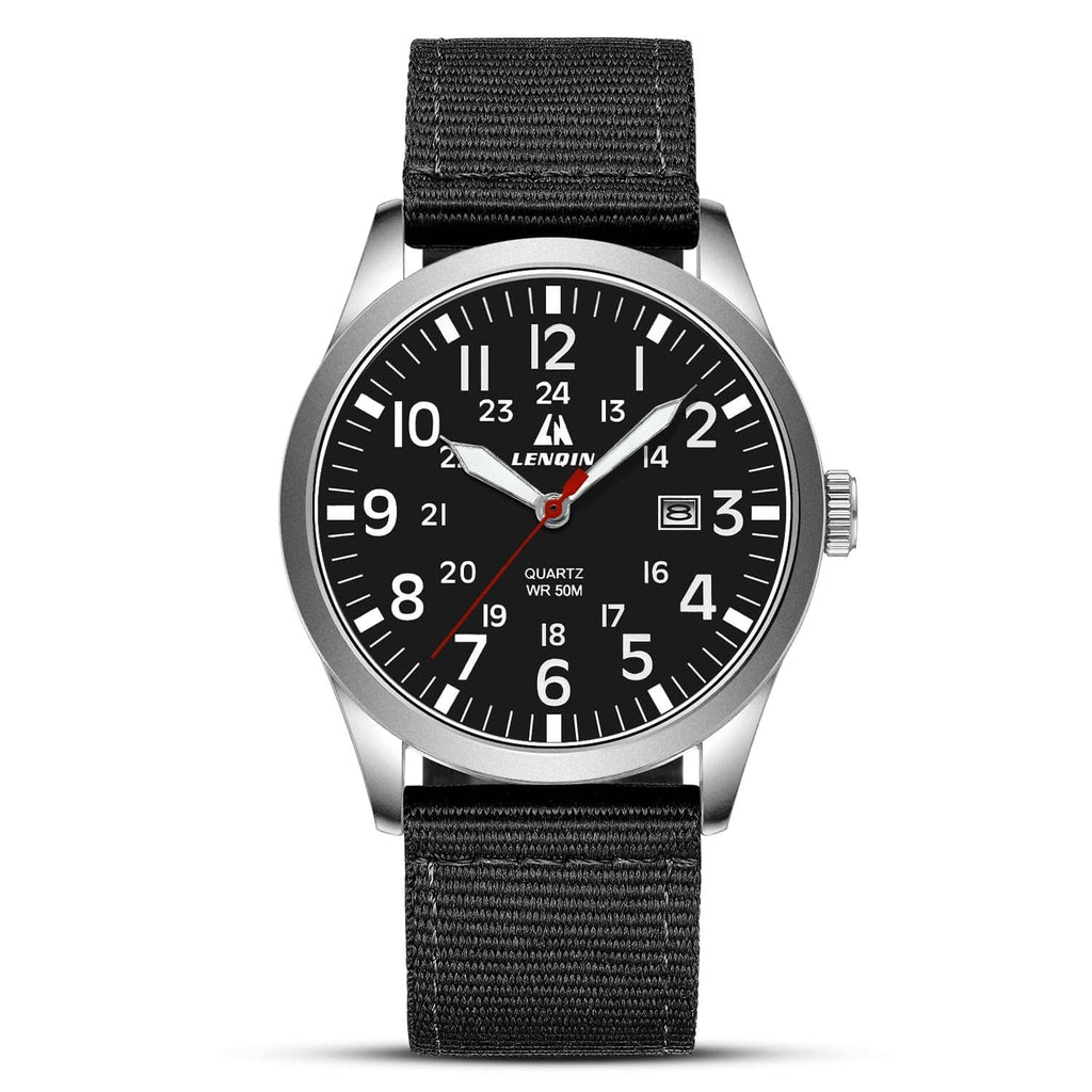 Silver-tone analog wristwatch with black dial and black fabric (nylon) strap