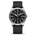 Silver-tone analog wristwatch with black dial and black fabric (nylon) strap