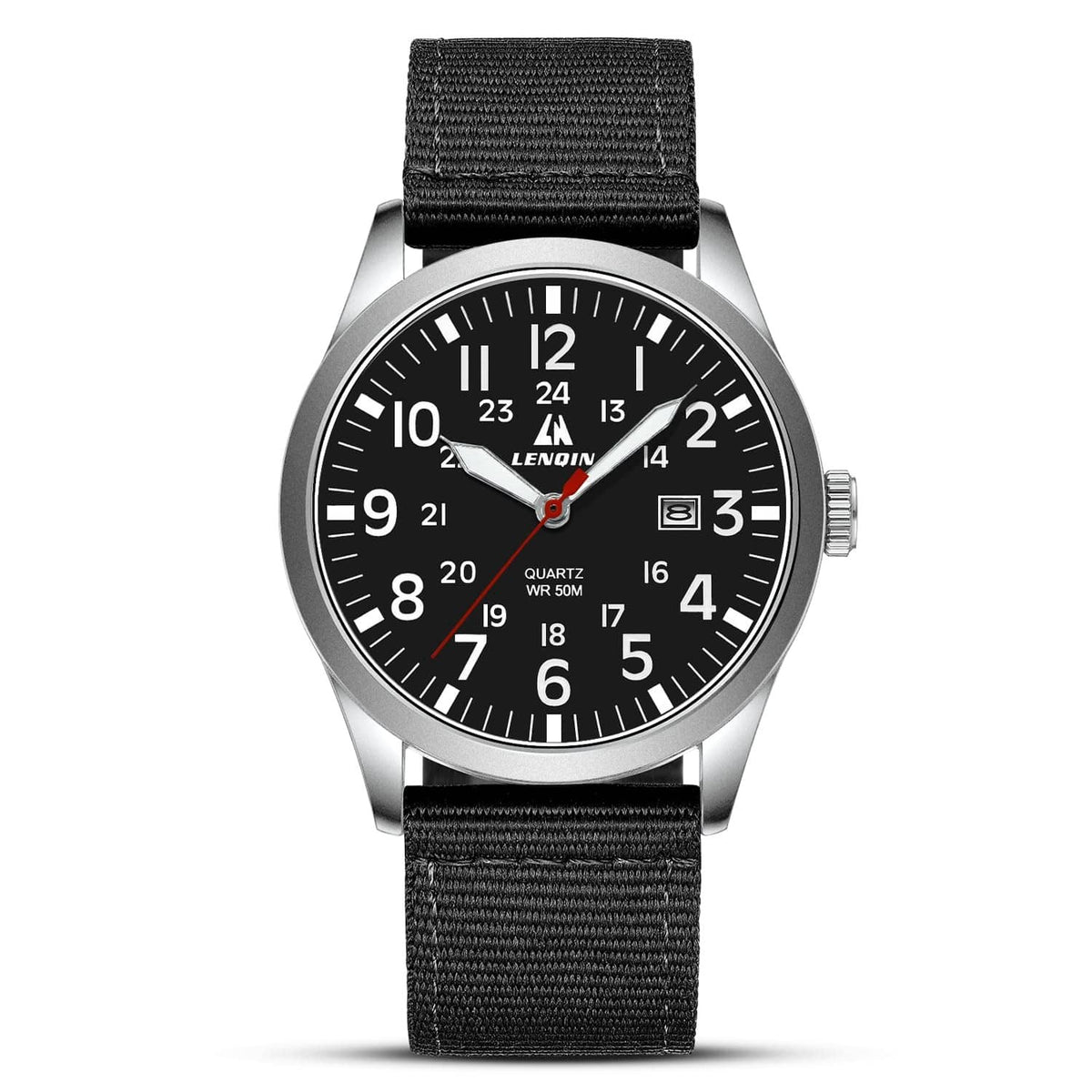 Silver-tone analog wristwatch with black dial and black fabric (nylon) strap