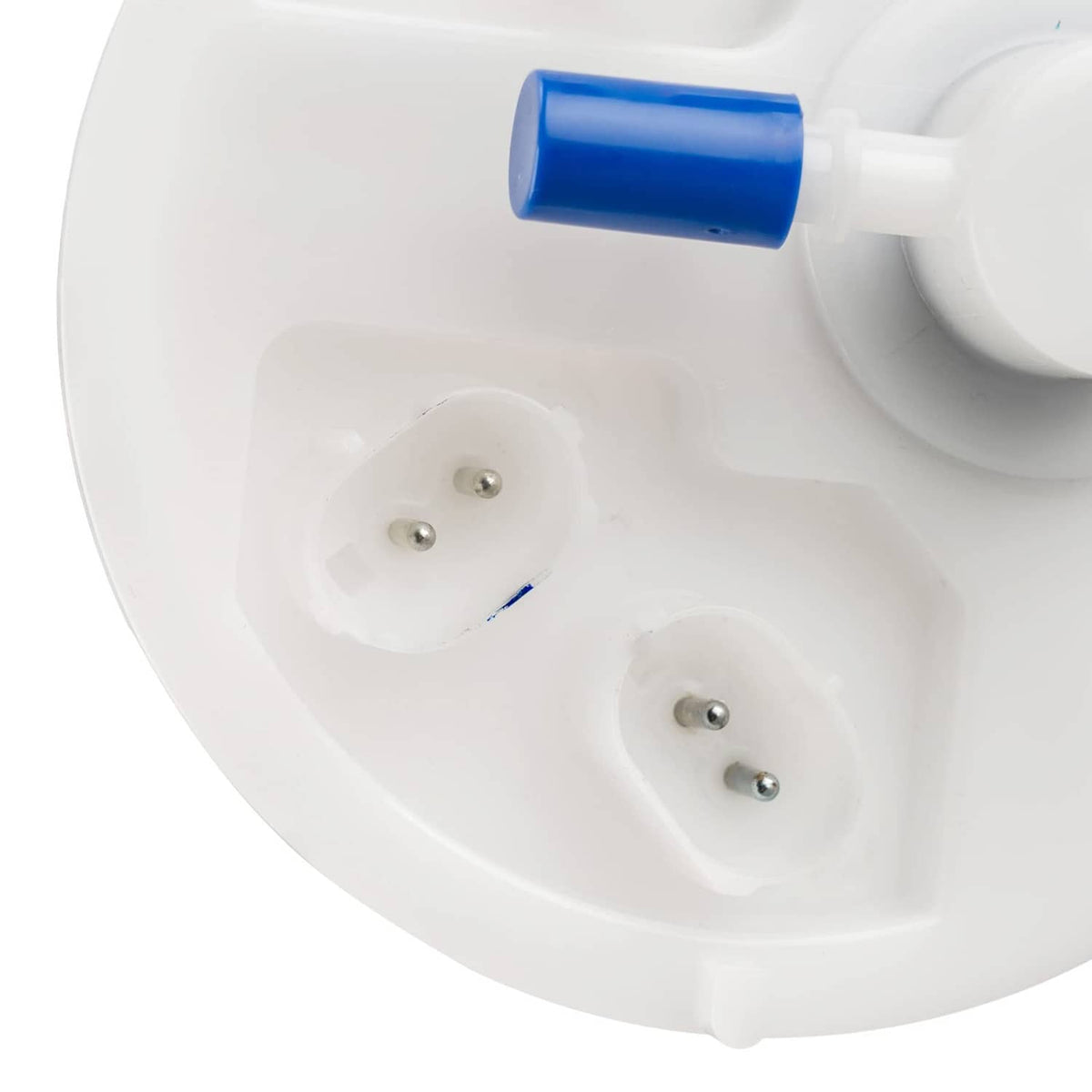 Electric fuel pump module with blue inlet cap and three mounting screw holes