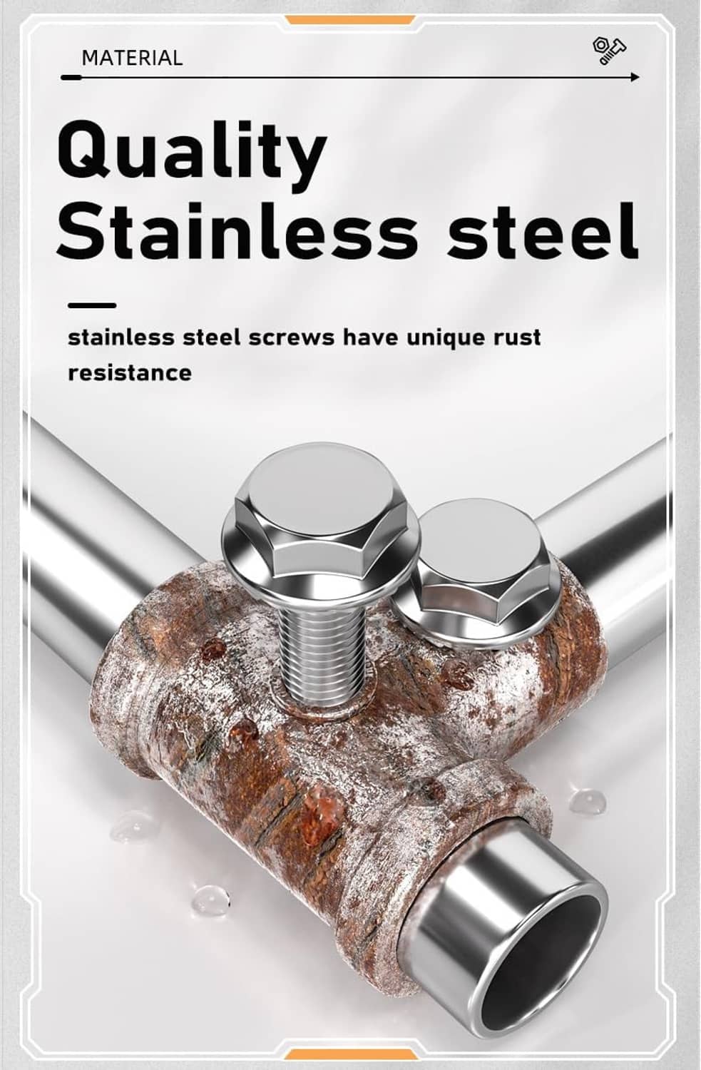 Stainless flanged hex head bolt set on rusted metal pipe section