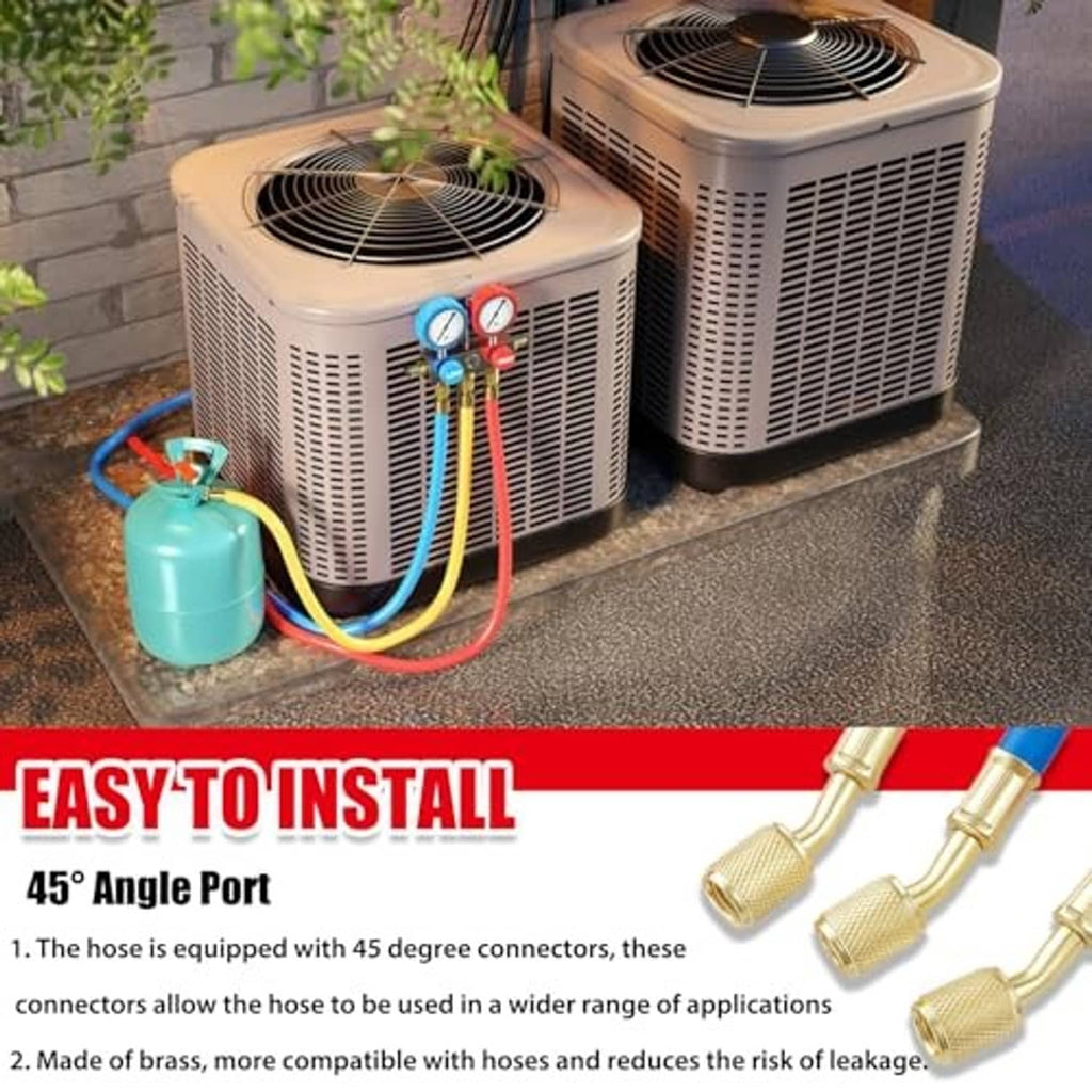 AC manifold gauge hose kit connected to an outdoor unit, with colored hoses and brass fittings