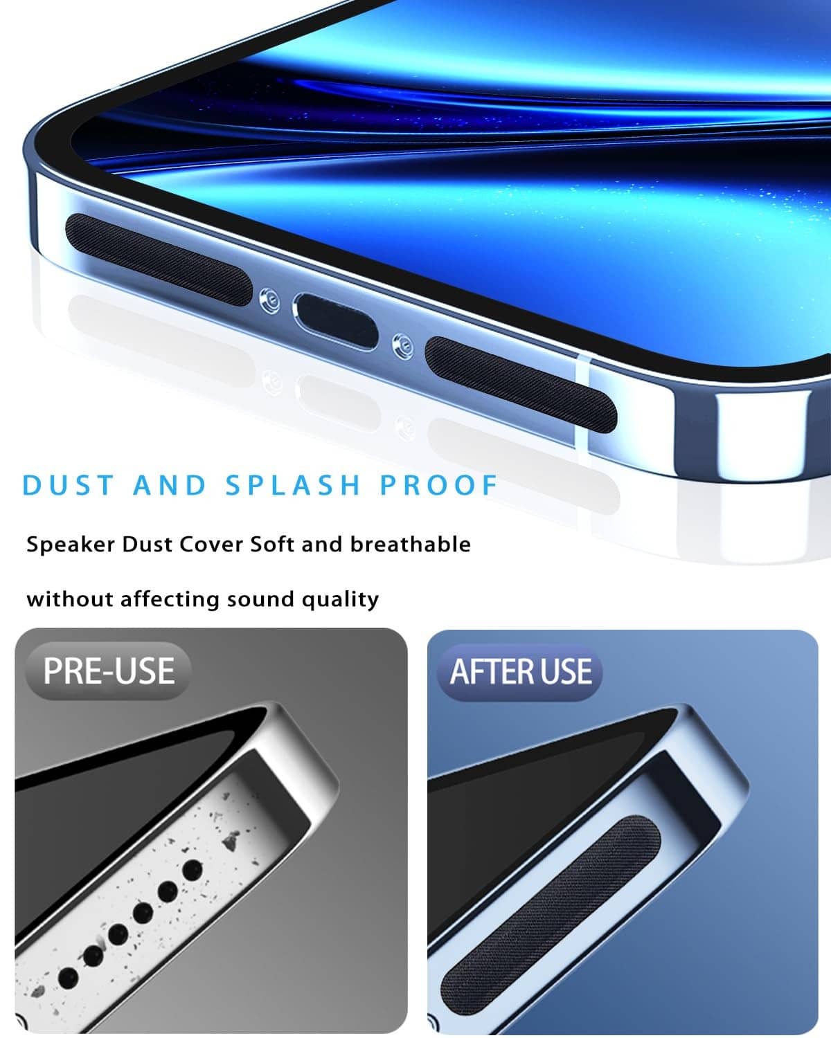 Phone speaker dust cover stickers with breathable mesh strip along speaker vent