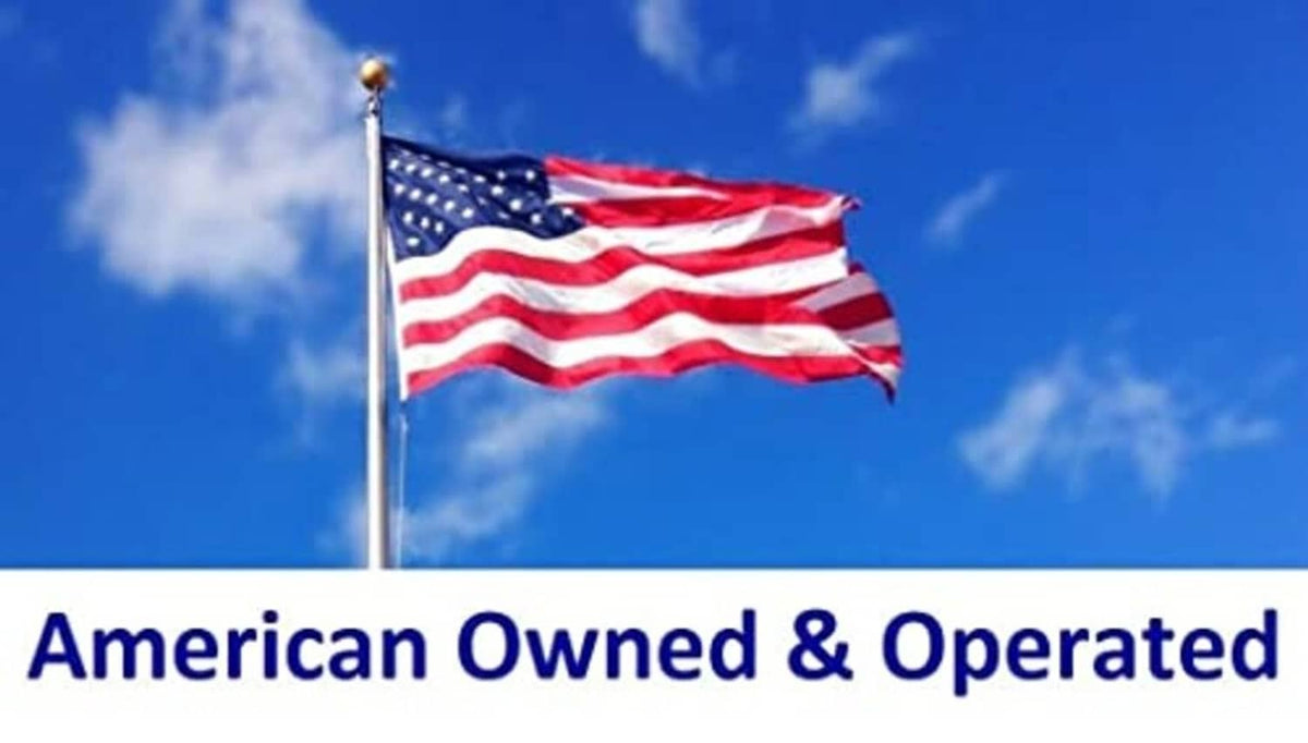 American flag above text "American Owned & Operated" on a blue background