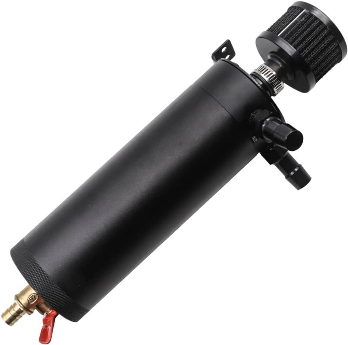 Oil catch can kit: black baffled canister with side ports and mounting bracket