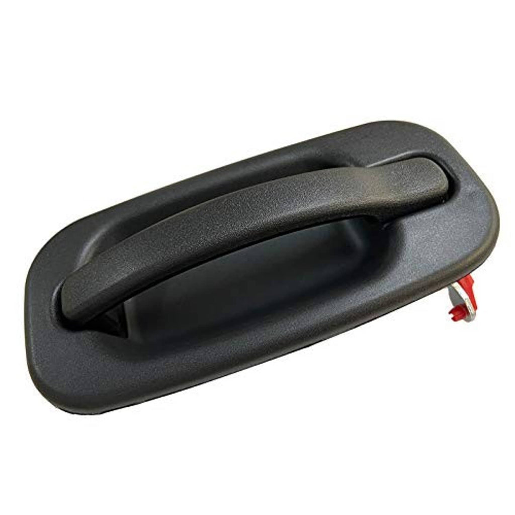 Exterior front passenger side door handle, black textured housing with red release pin