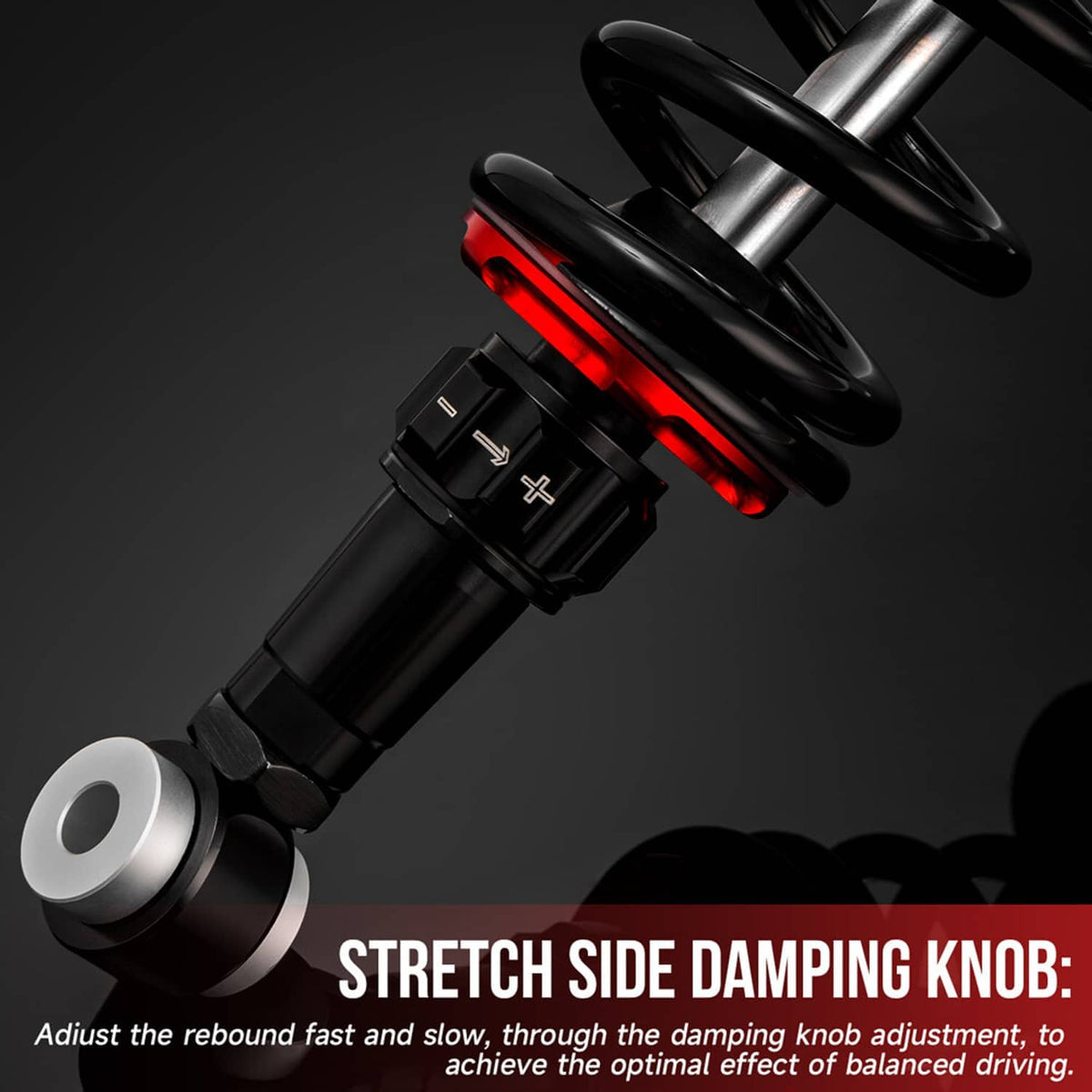Black and red shock absorber with side damping knob and silver mounting bushing