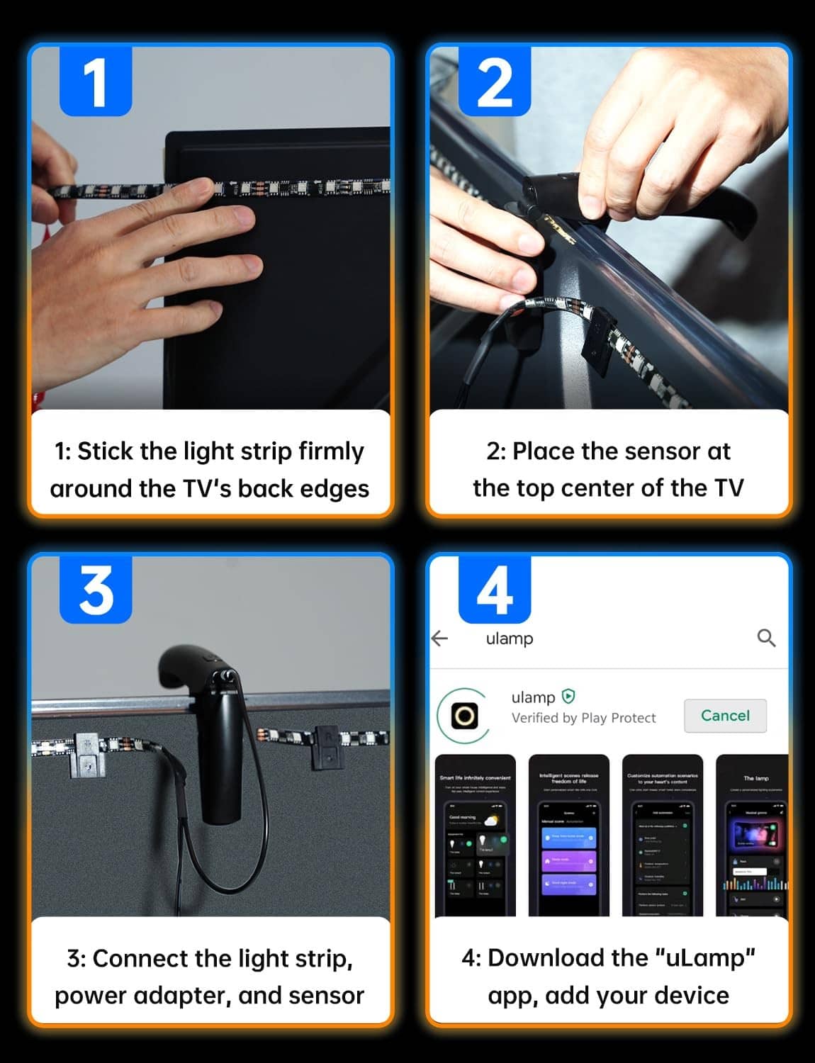 TV LED backlight kit installation steps with light strip placement and sensor setup