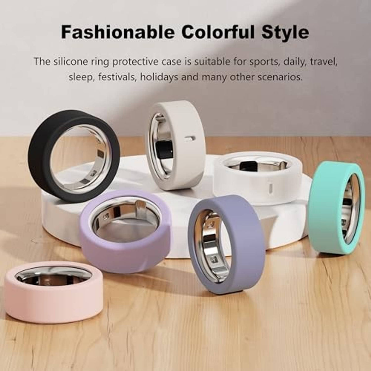 Assorted silicone smart ring protector cases in white, black, purple, pink, and teal