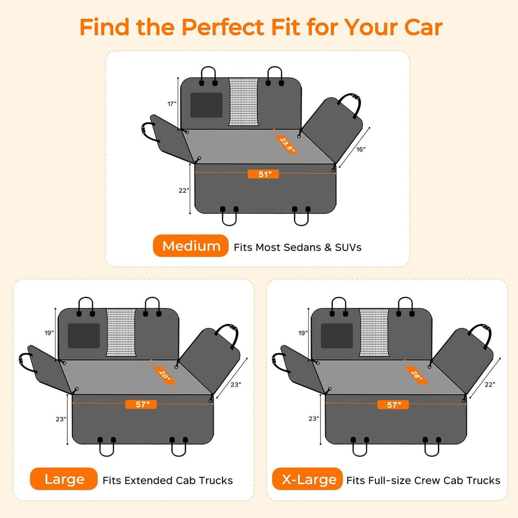 Dog backseat extender size chart for Medium, Large, and X-Large