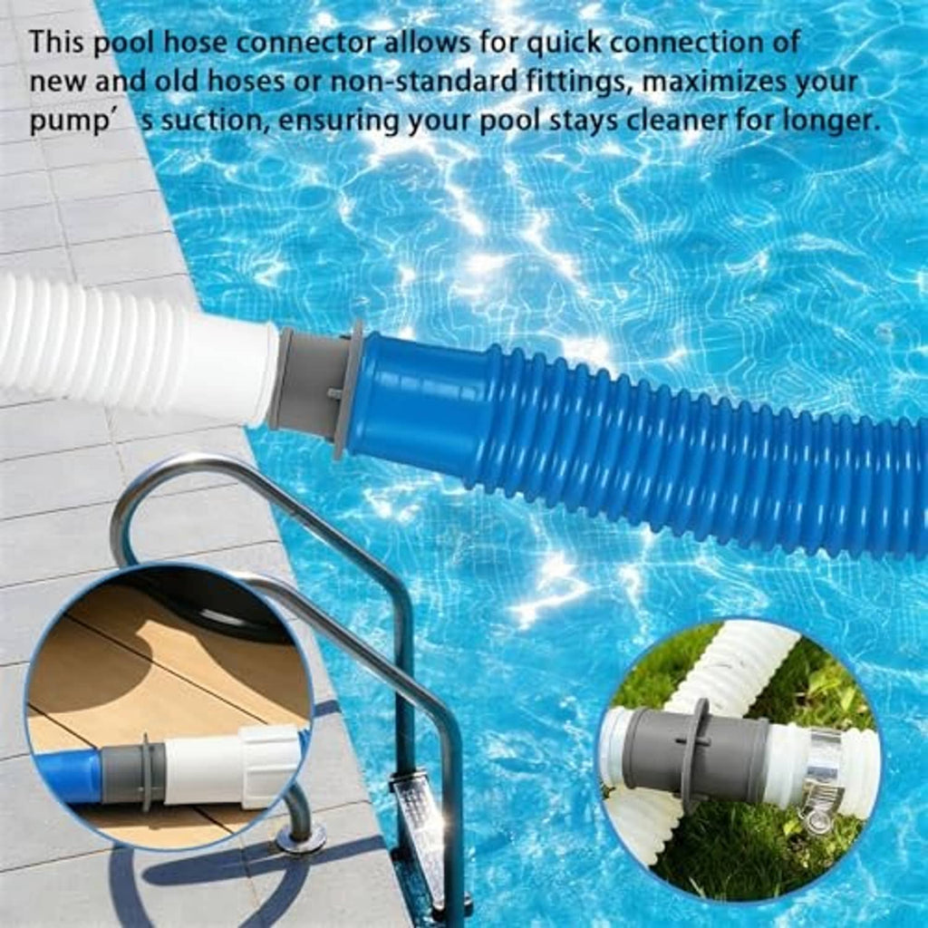 Gray pool hose adapter connector joining white hose sections with stainless steel clamp