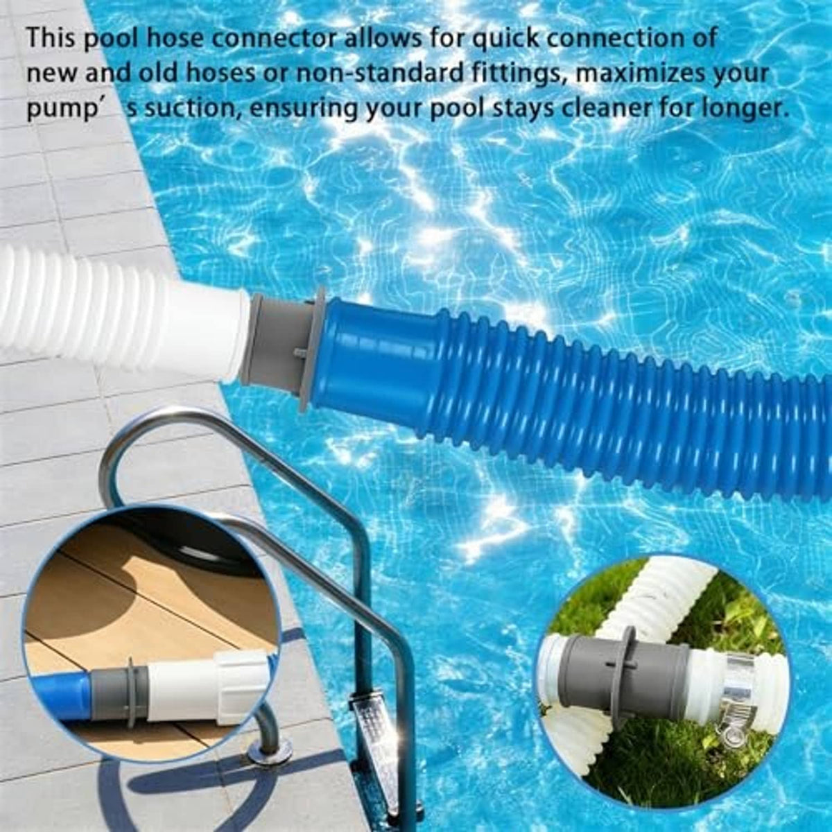 Gray pool hose adapter connector joining white hose sections with stainless steel clamp