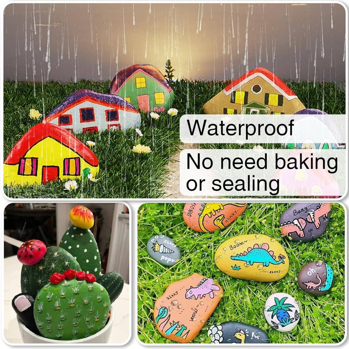 Waterproof permanent paint artwork on garden stones and house shapes