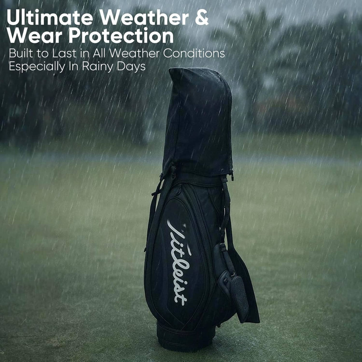 Black rain hood golf bag cover standing on club bag, with side strap
