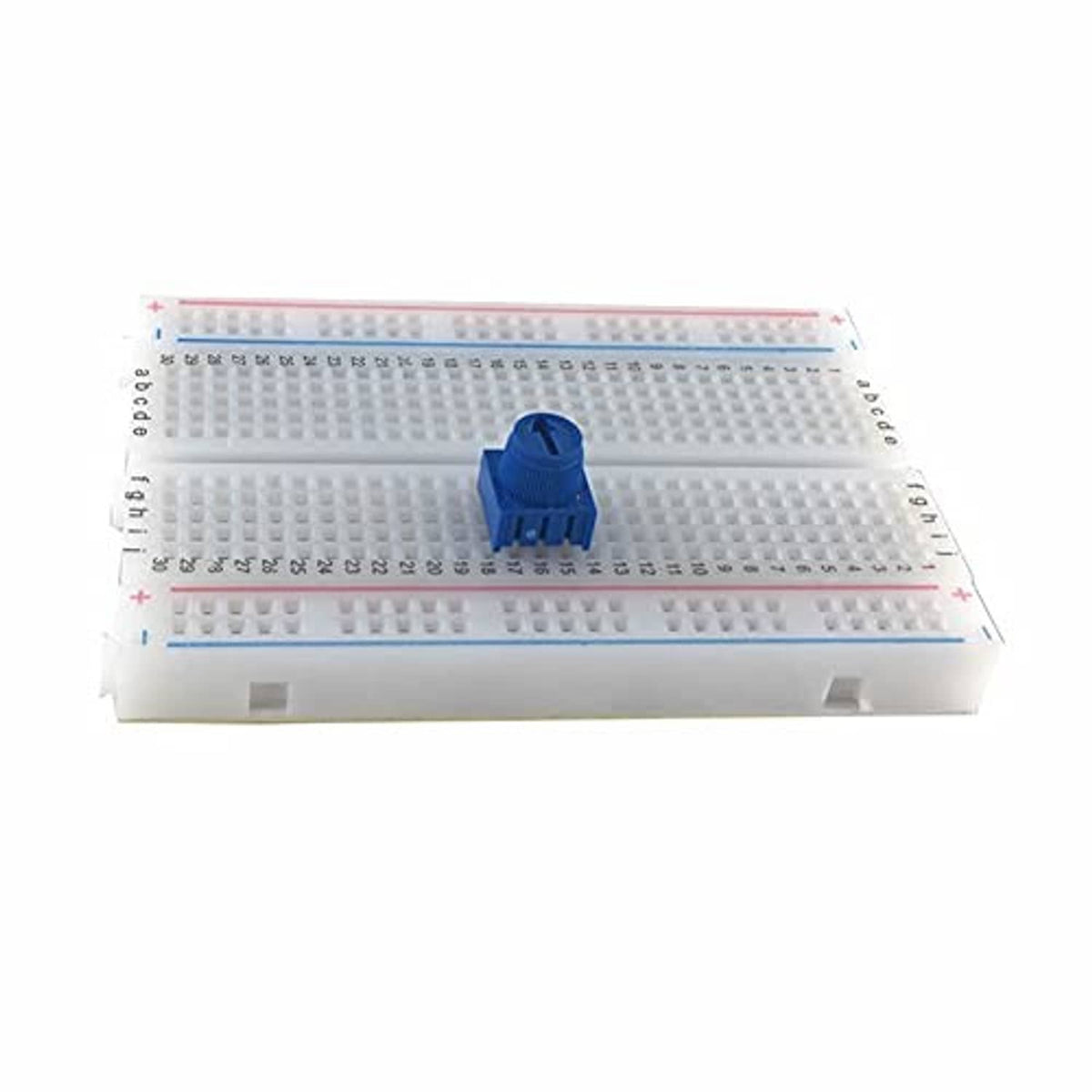 Blue trimpot potentiometer mounted on a white breadboard, showing adjustment knob and pins