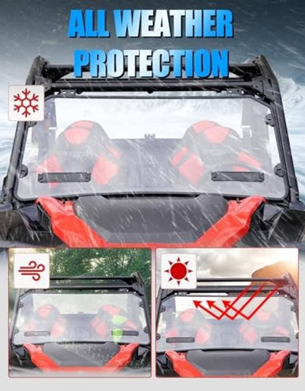 Front windshield with full weather-protective clear panel and black frame