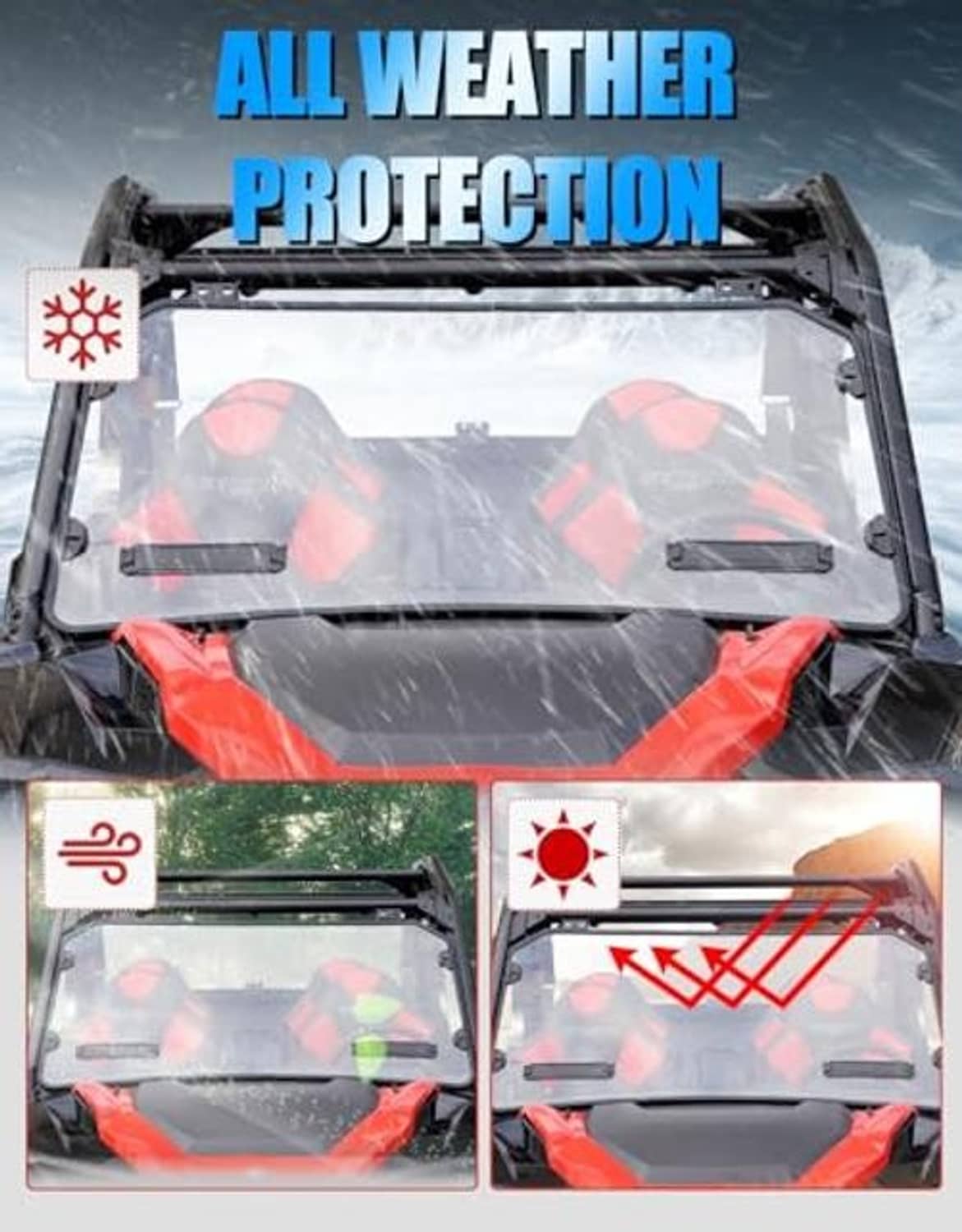 Front windshield with full weather-protective clear panel and black frame