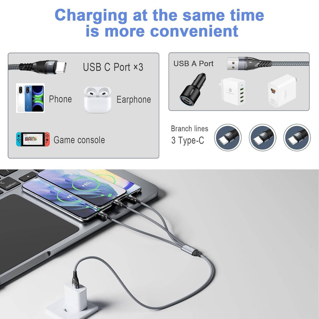 Nylon-braided 3-in-1 USB C charging cable with USB-A plug and multiple USB-C ends