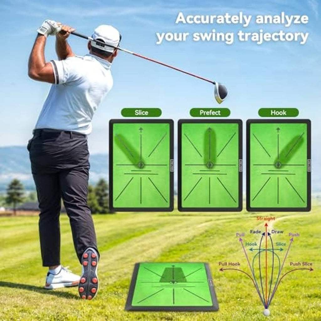 Golf practice mat with green target panels and black border used for swing trajectory training