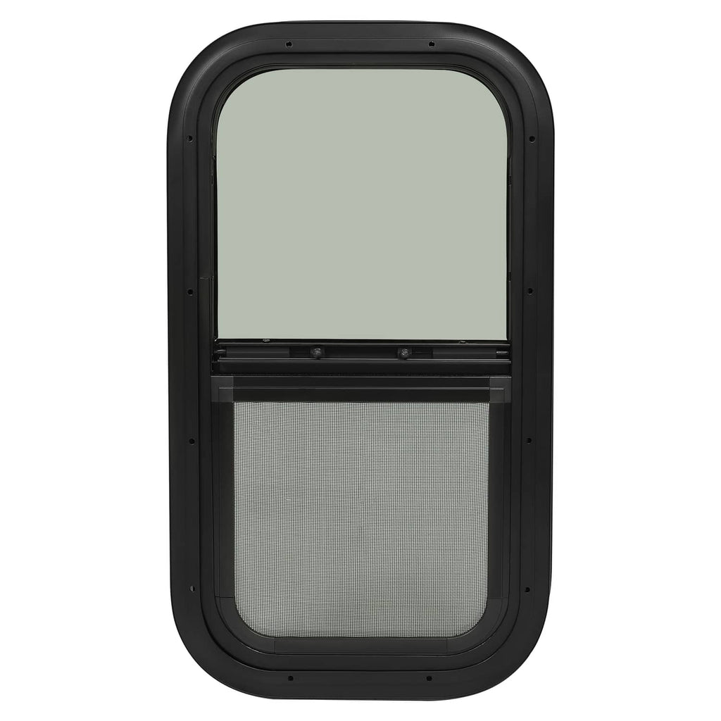 Tinted RV glass window with black frame, upper tinted glass and lower mesh panel