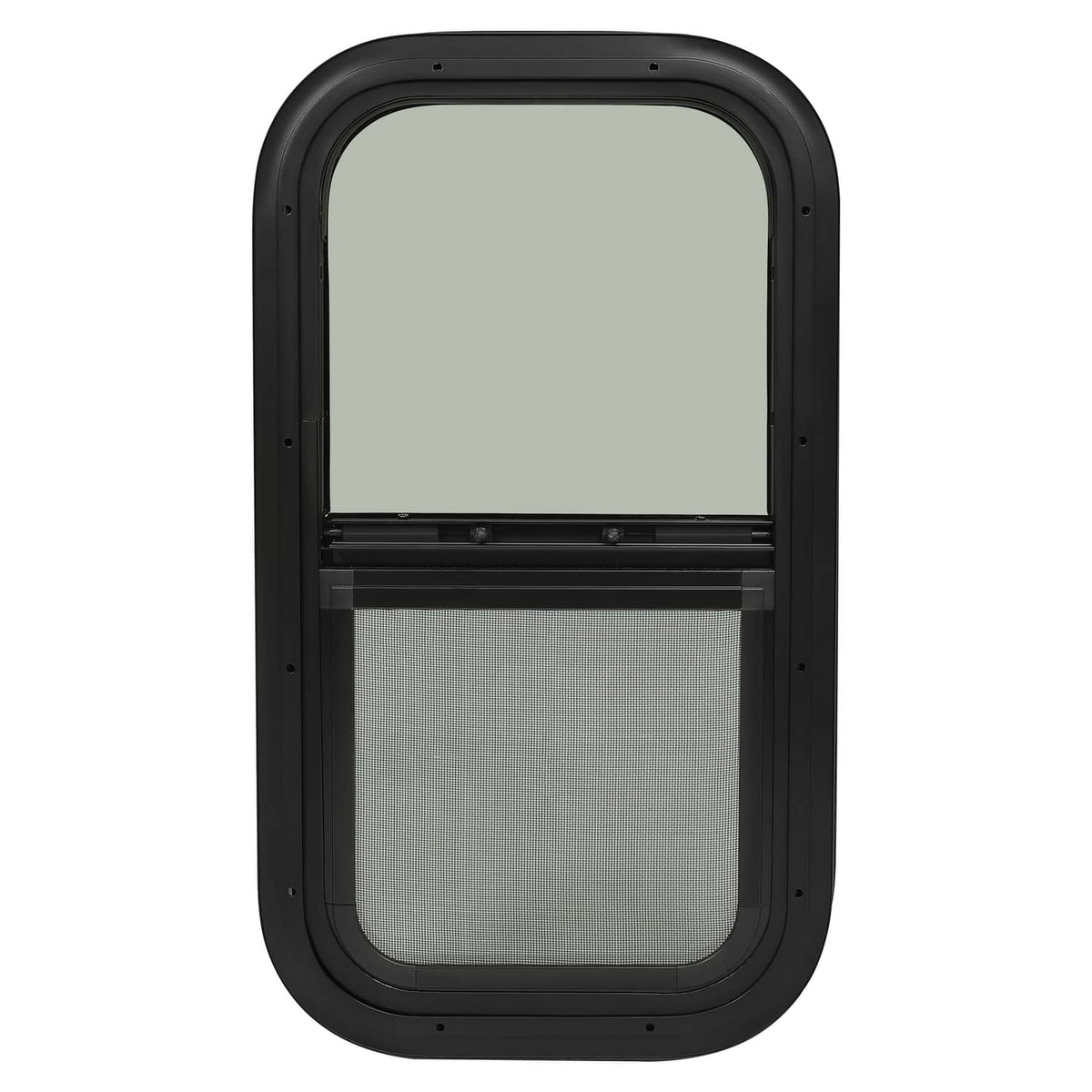 Tinted RV glass window with black frame, upper tinted glass and lower mesh panel