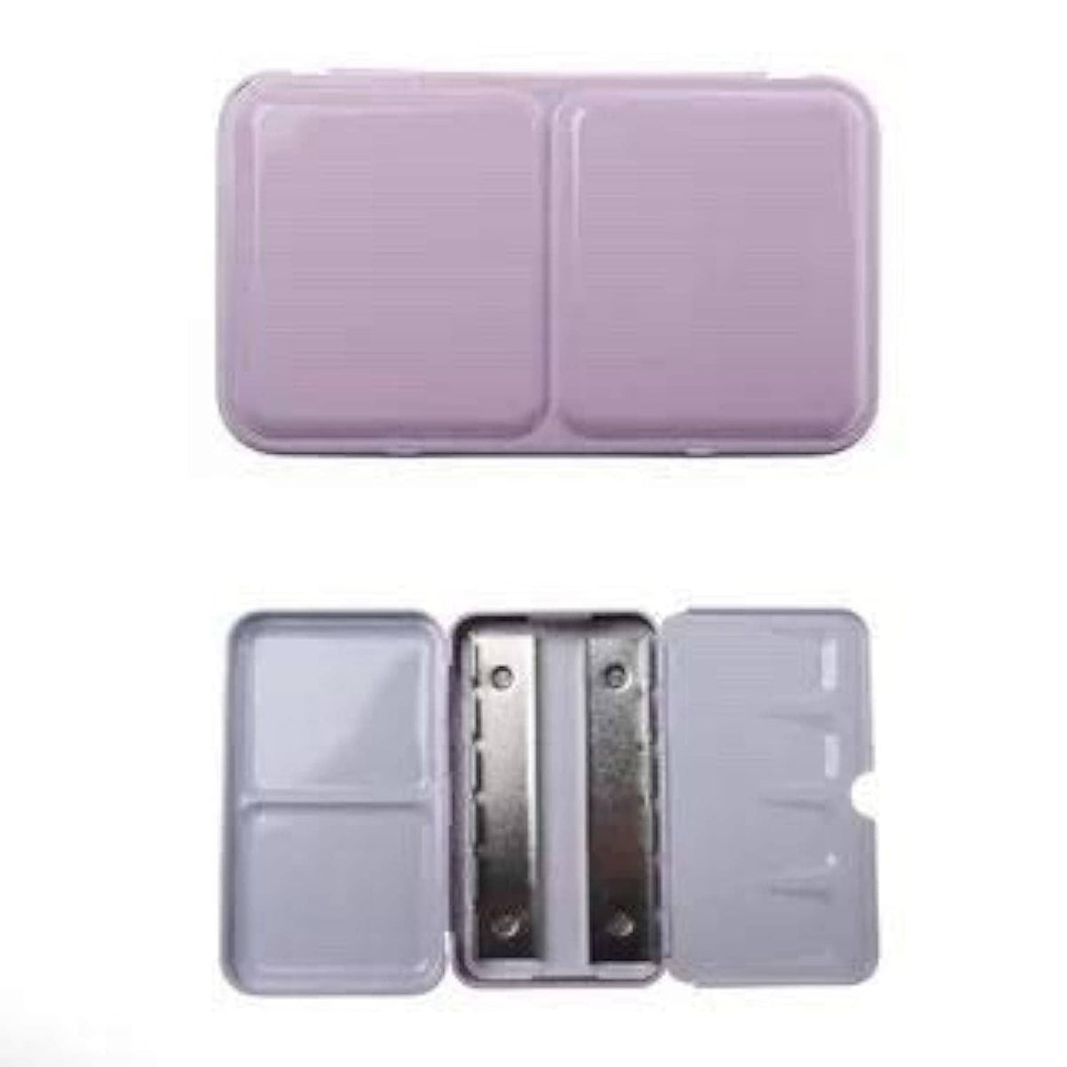 Pink watercolor tin palette case with two hinged lids and empty mixing wells