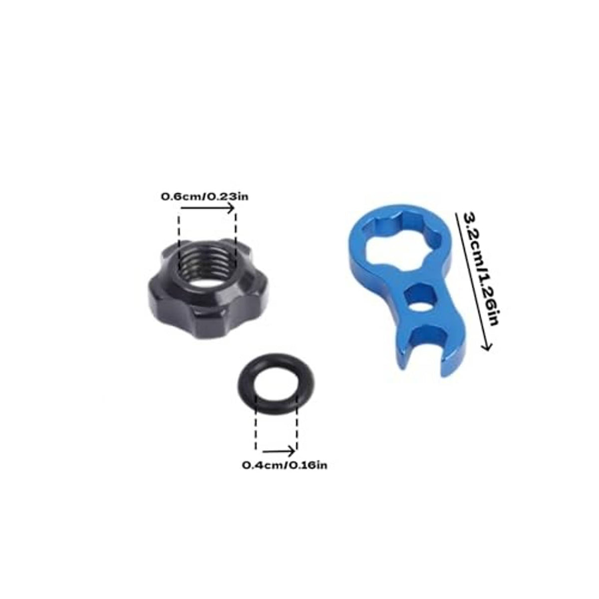 Bicycle valve nut and blue wrench with black sealing ring, with size measurements