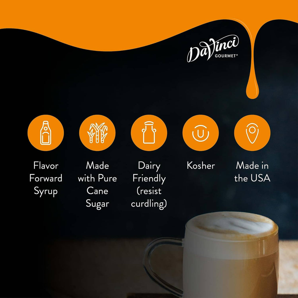 DaVinci Gourmet Syrups promotional card with icons and latte cup
