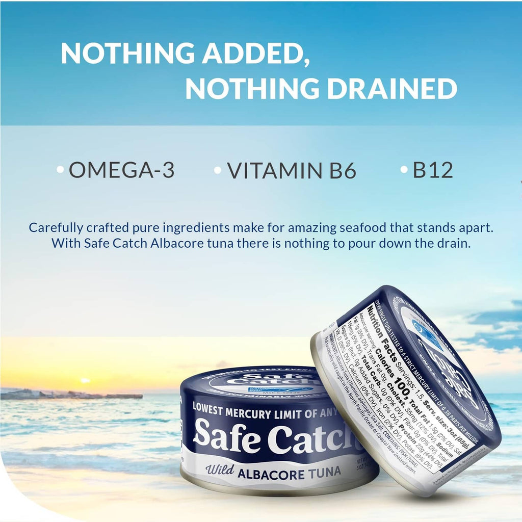 Safe Catch wild albacore tuna can with lid tilted open, blue-and-white label.