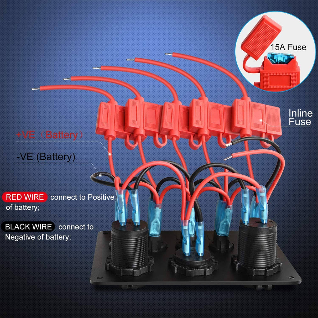 Inline fuse wiring board with red and black battery leads and multiple inline blade fuses