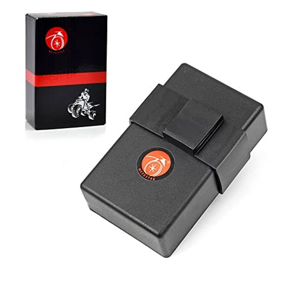 CDI ignition control module with black case and red orange brand emblem