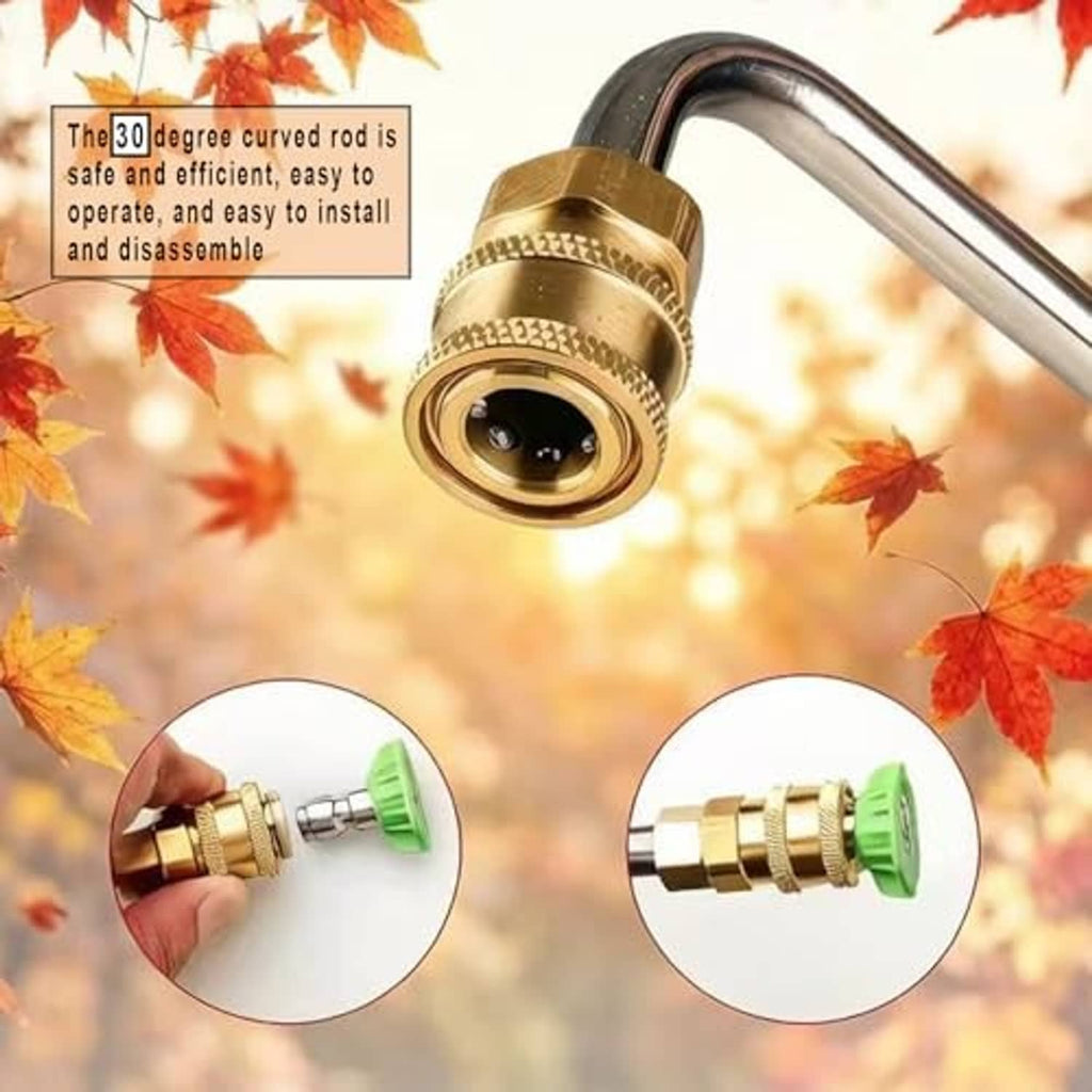 Curved stainless gutter cleaning wand with brass quick-connect tip and green insert