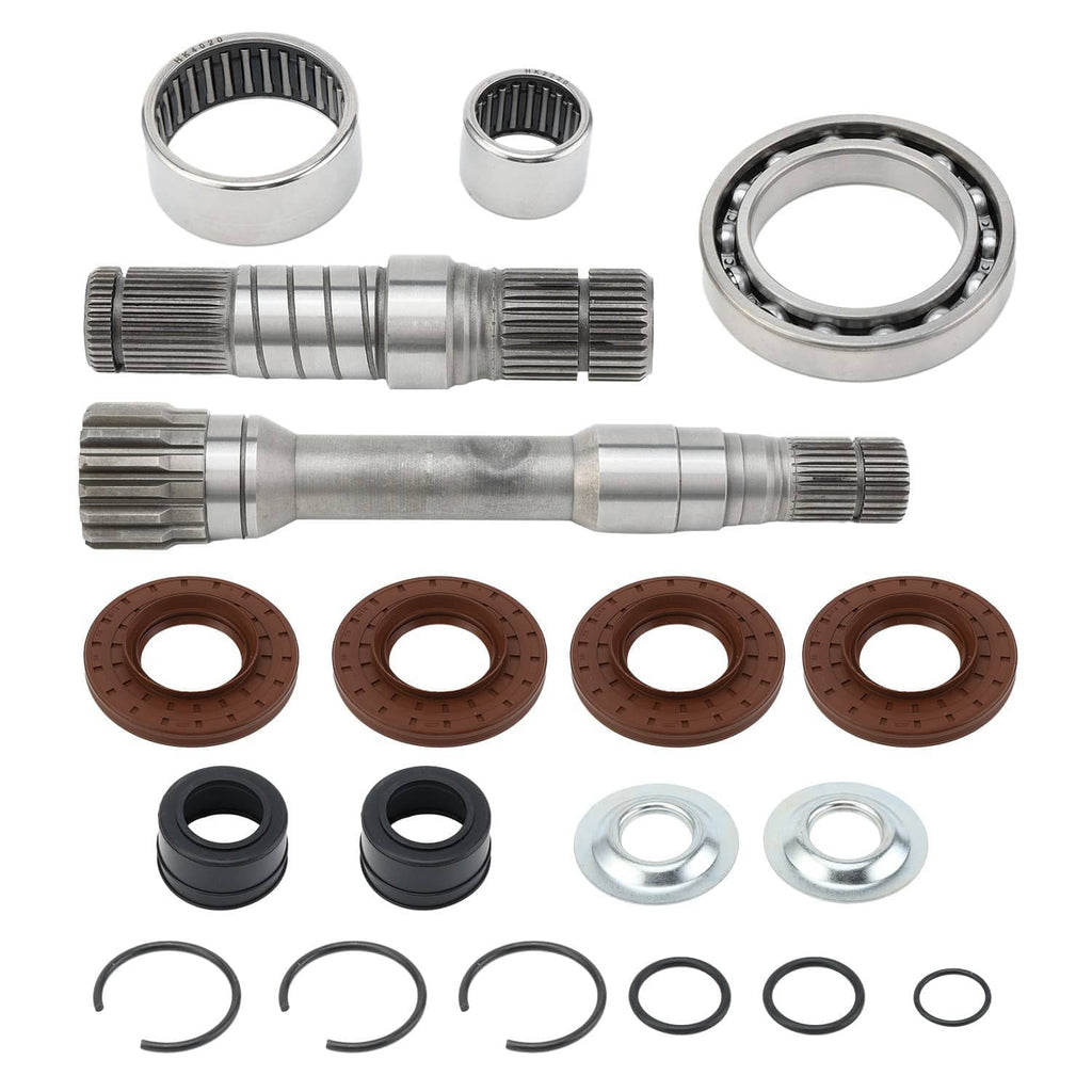 Front differential rebuild kit layout: shafts, bearings, seal rings, axle boots, snap rings