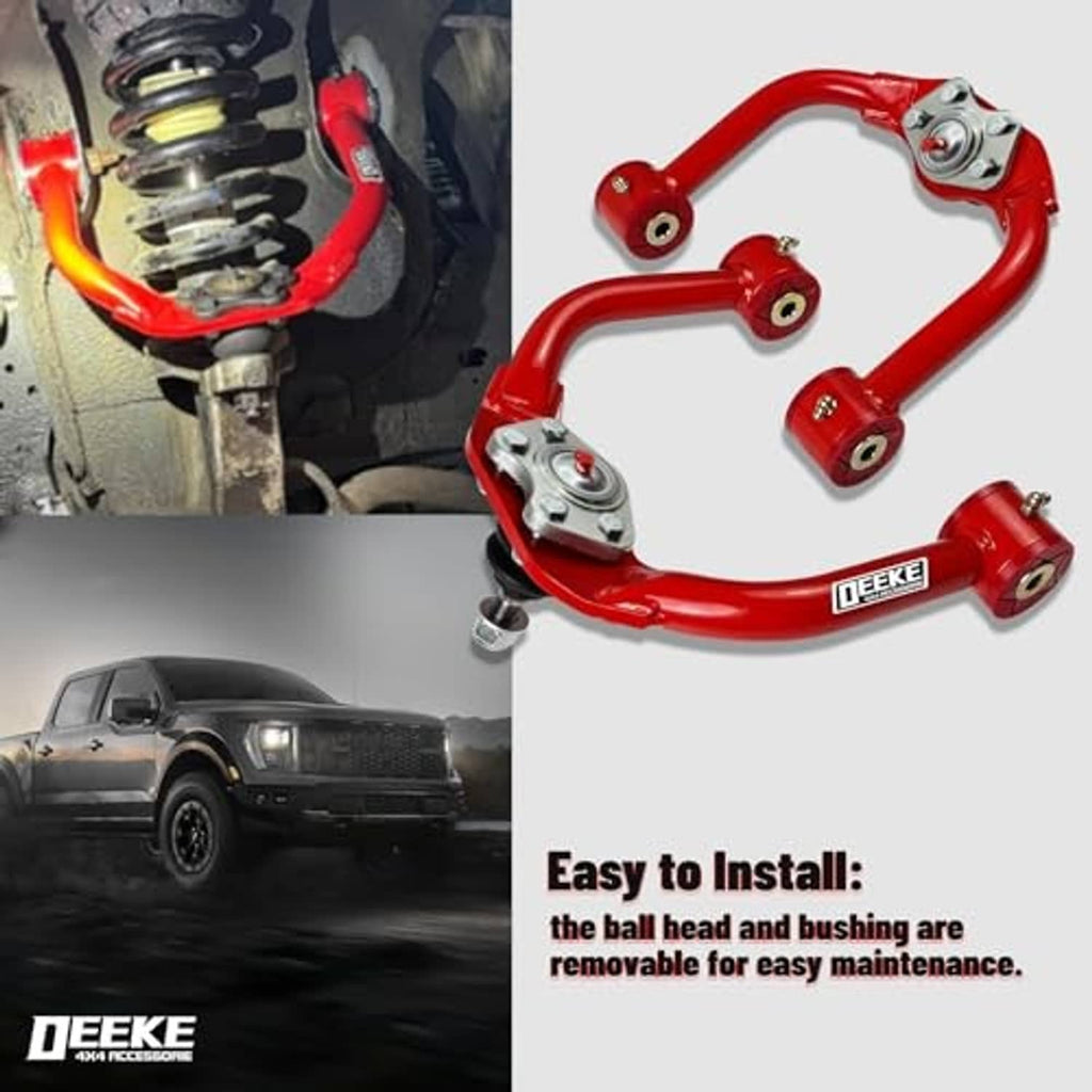 Red upper control arms with ball joints, shown near the installed suspension