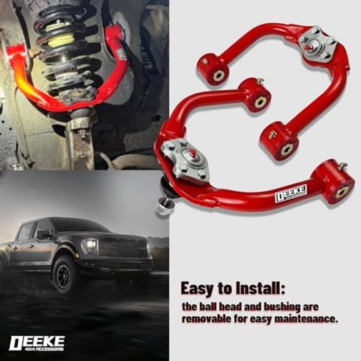 Red upper control arms with ball joints, shown near the installed suspension