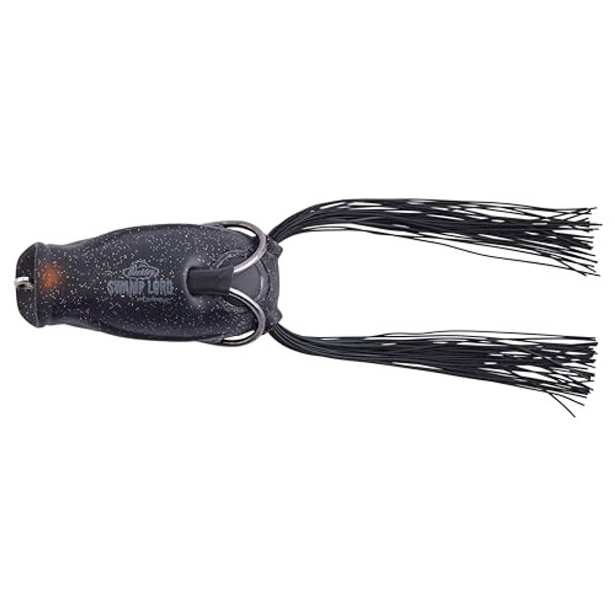 Black speckled frog lure with twin front hooks and trailing skirt strands