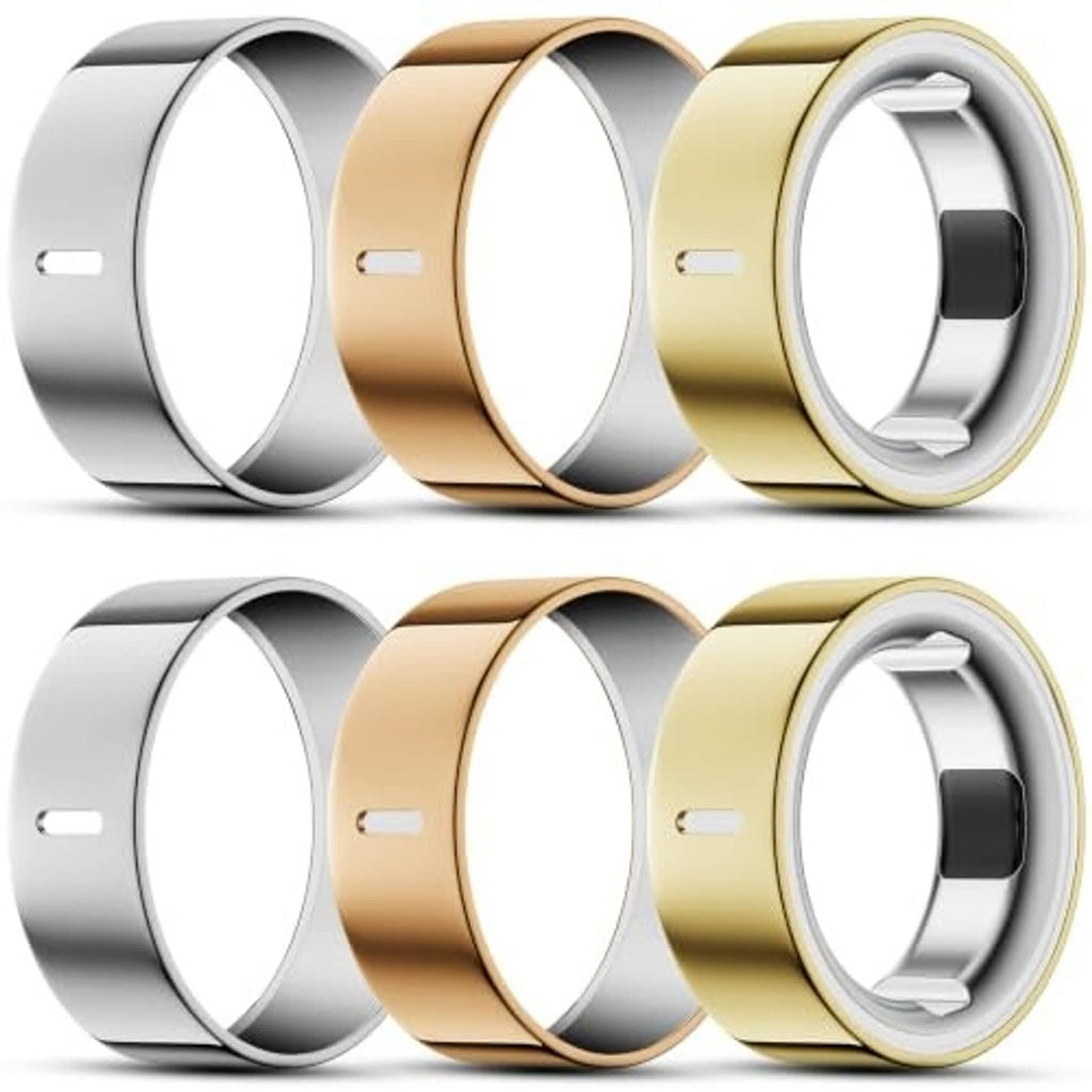 Six ring covers in silver and gold tones, shown front with protective opening