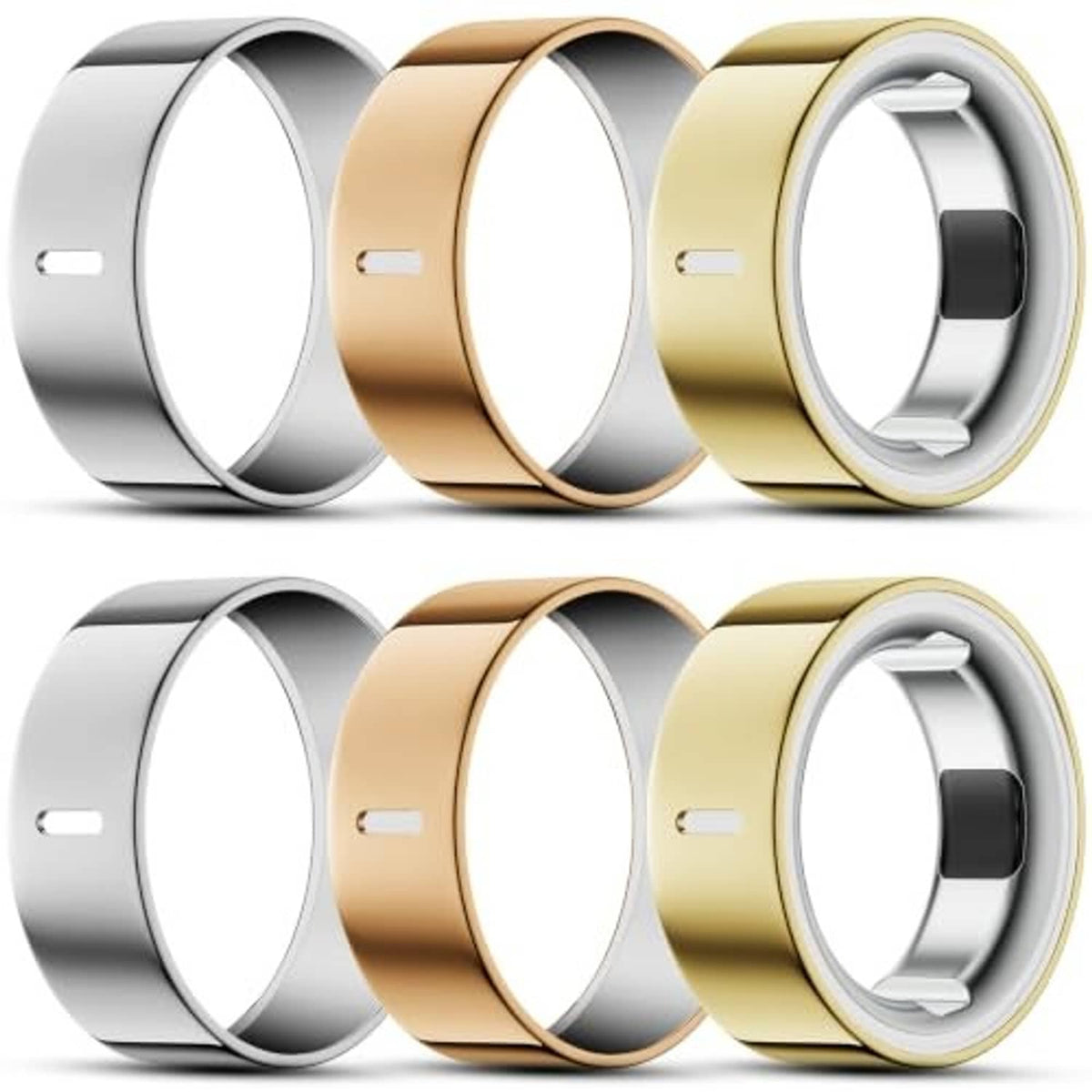 Six ring covers in silver and gold tones, shown front with protective opening