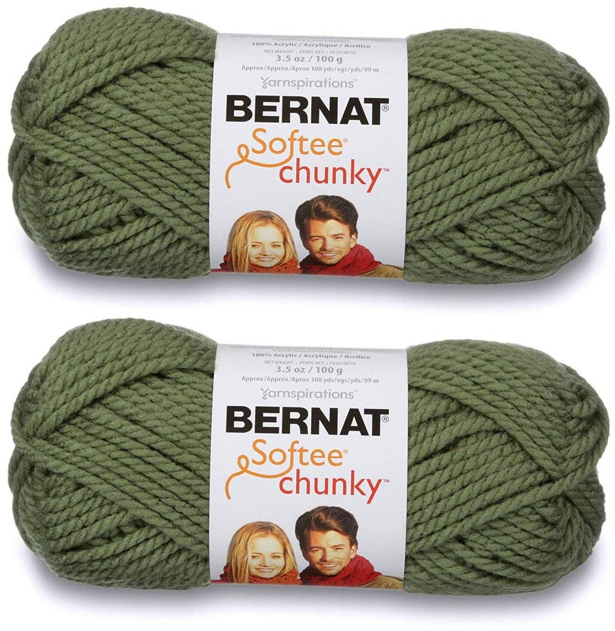 Super chunky acrylic yarn, forest green, two skeins with Bernat Softee Chunky labels