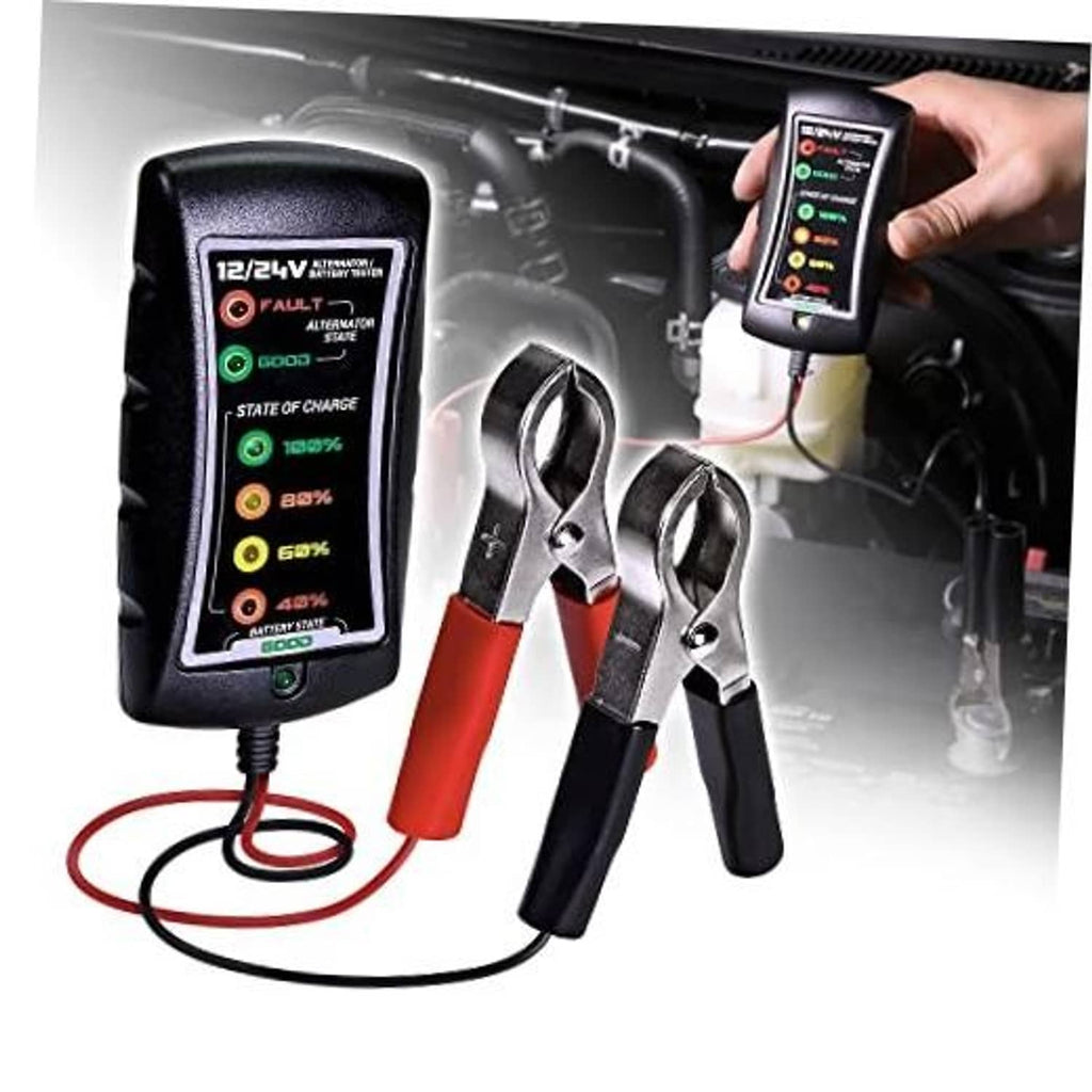 12/24V battery and alternator tester with red and black clamps in car engine bay