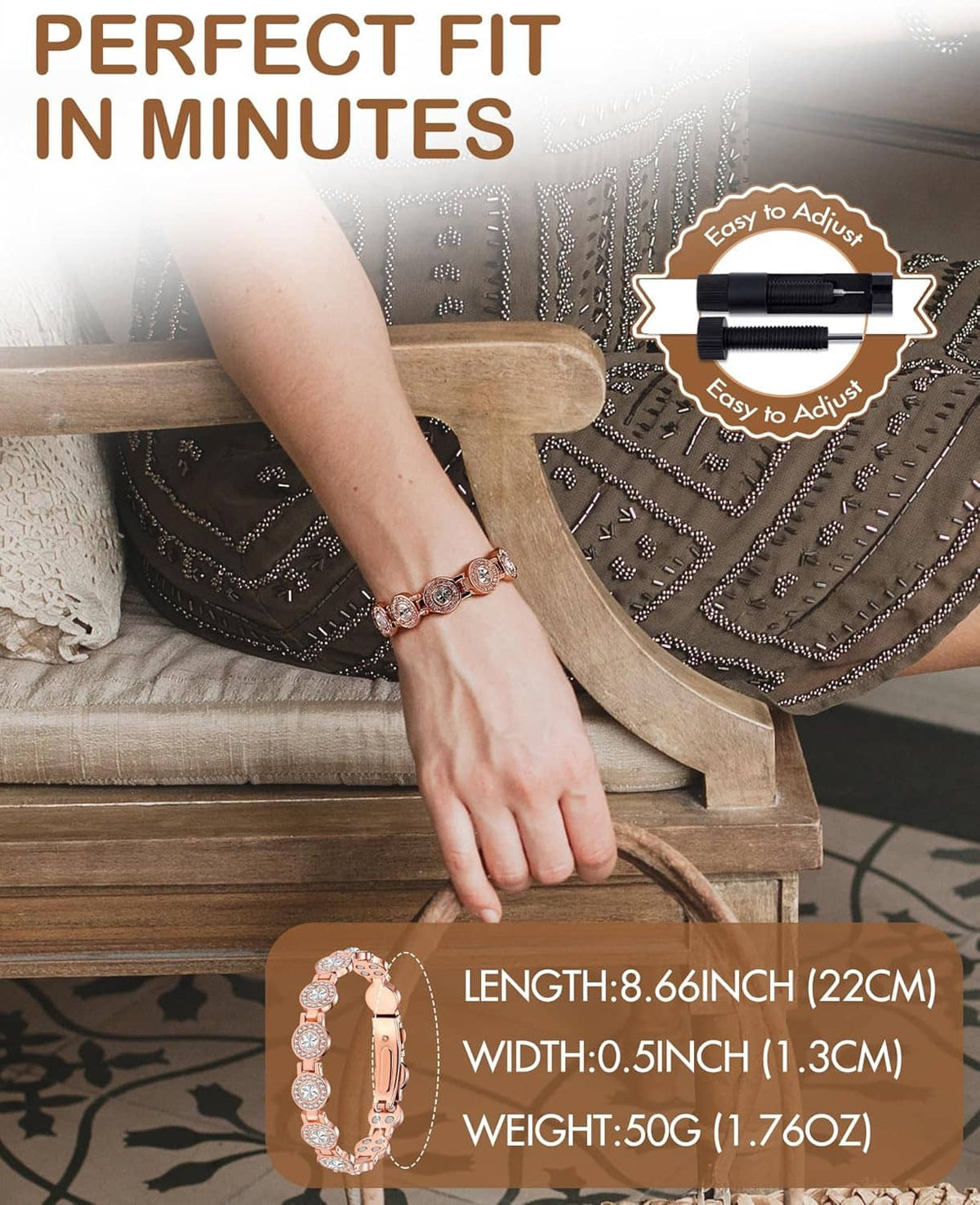 Rose gold magnetic bracelet with rhinestone oval links on a cushion near a hand
