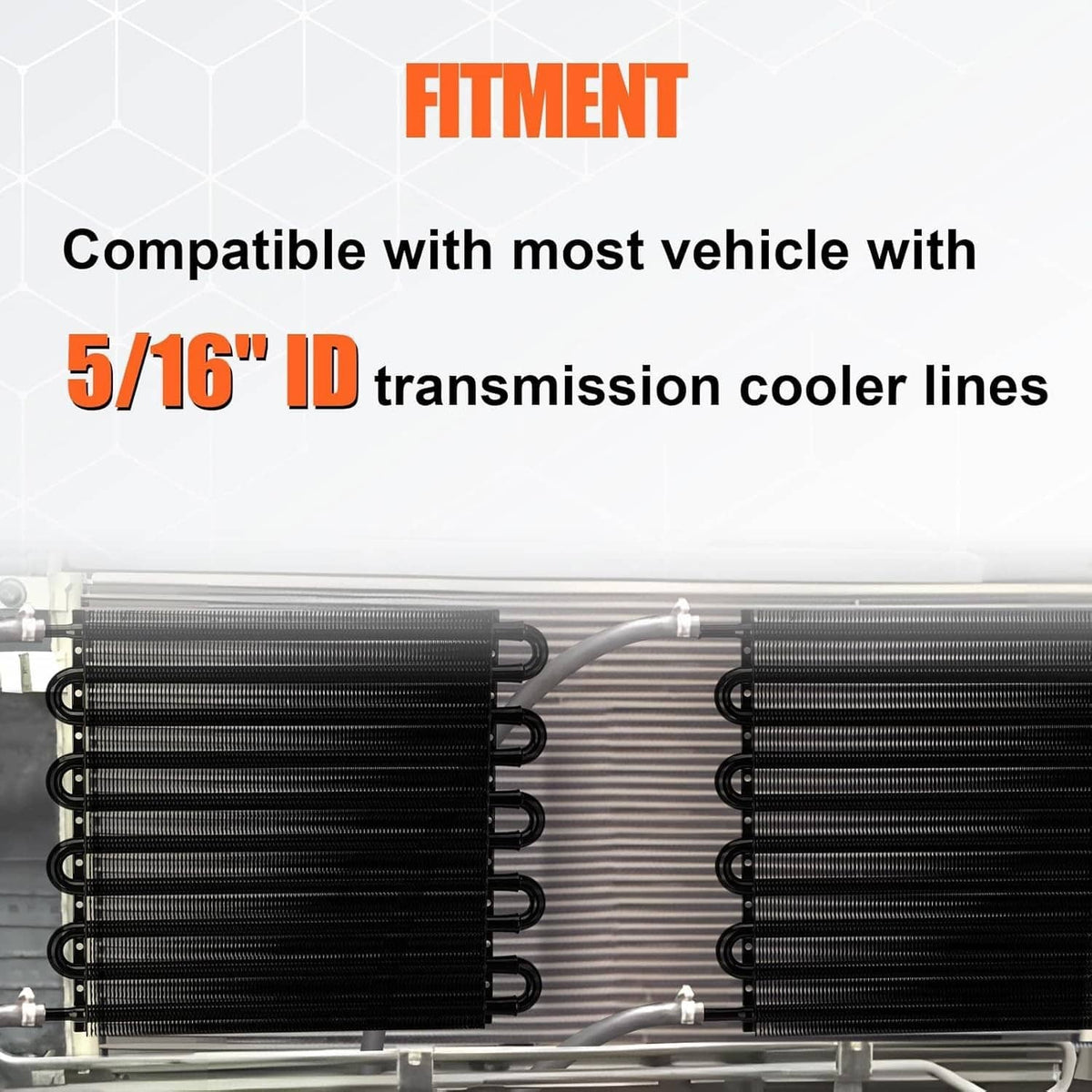Pair of black transmission oil cooler radiators installed with hoses and lines