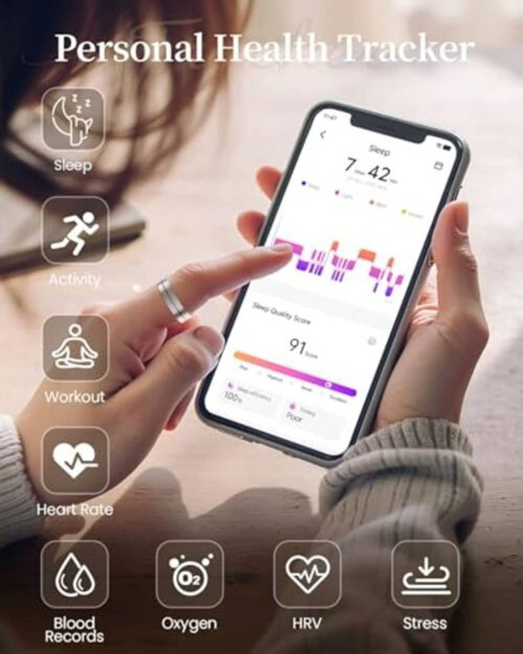 Health tracker smart ring on hand with smartphone activity and sleep charts
