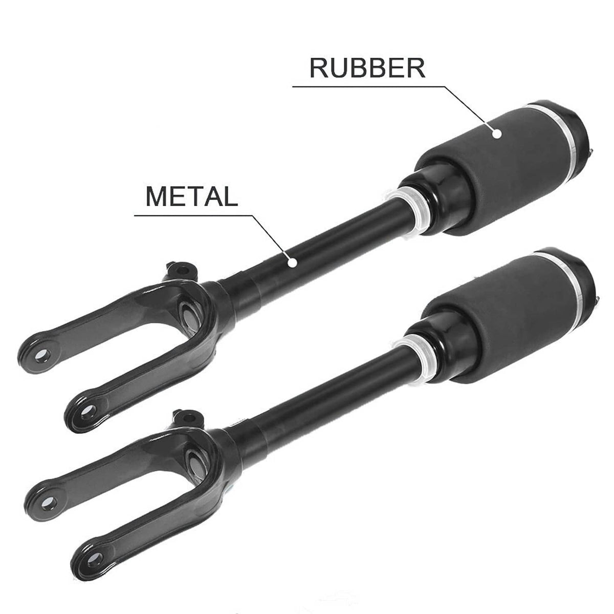 Front air suspension struts showing black rubber sleeve and metal piston rod