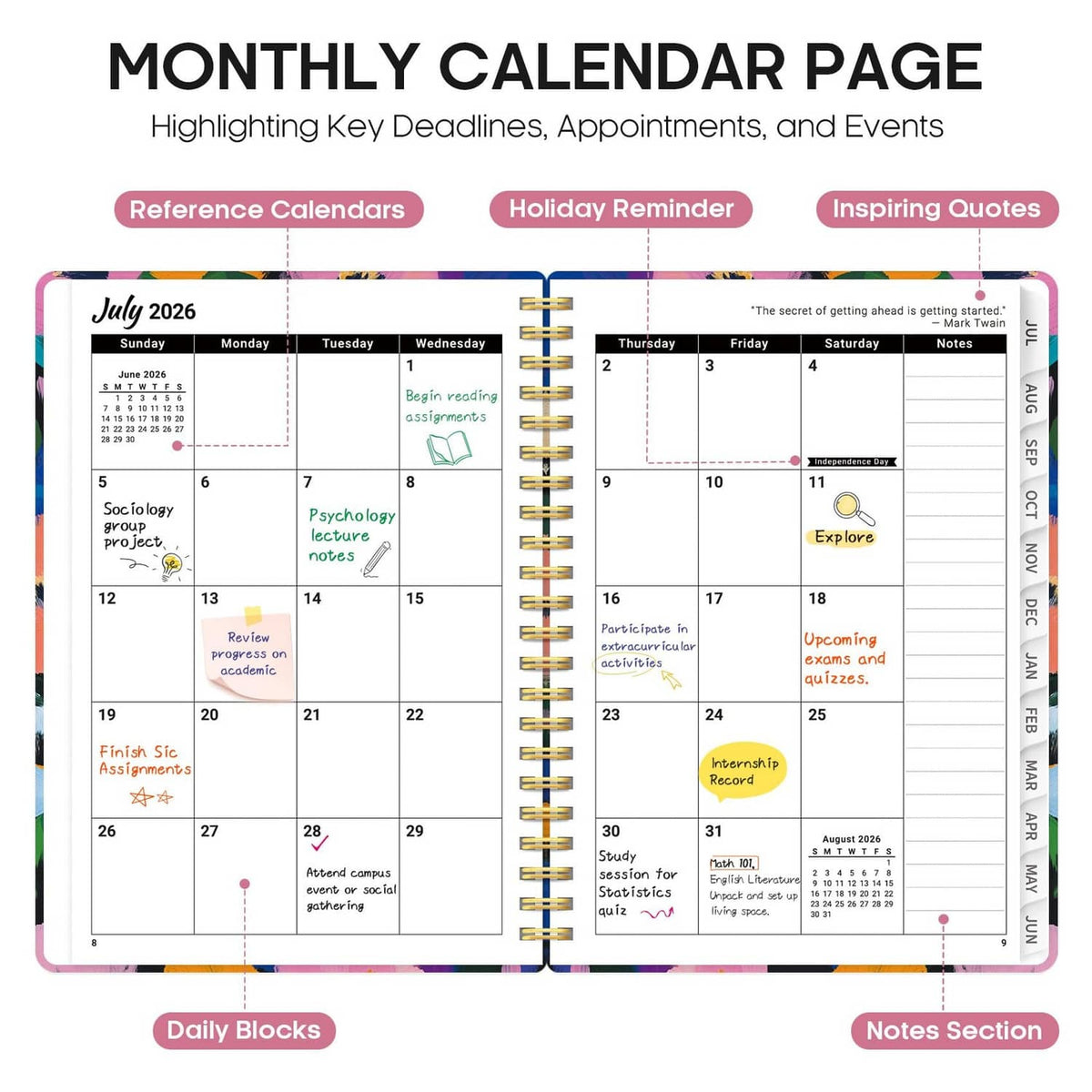 Planner open to a monthly calendar page with colorful highlights and notes area