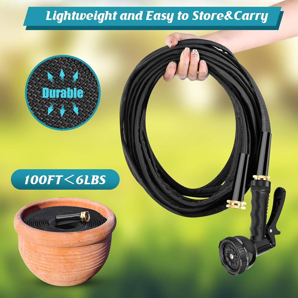 Black garden hose coil with sprayer handle, brass connector, and coiled storage loop