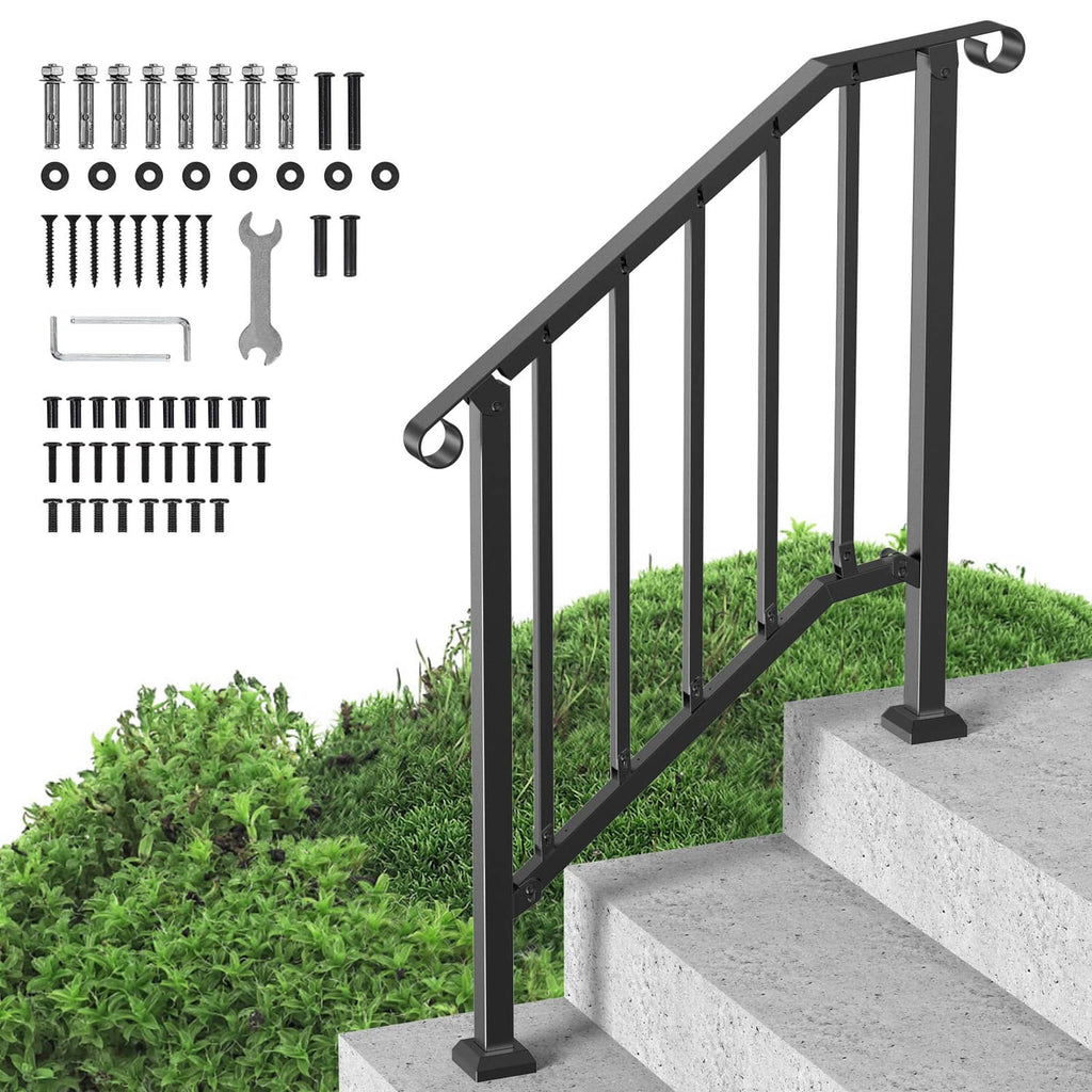 Black outdoor stair railing with arched top posts and vertical bars