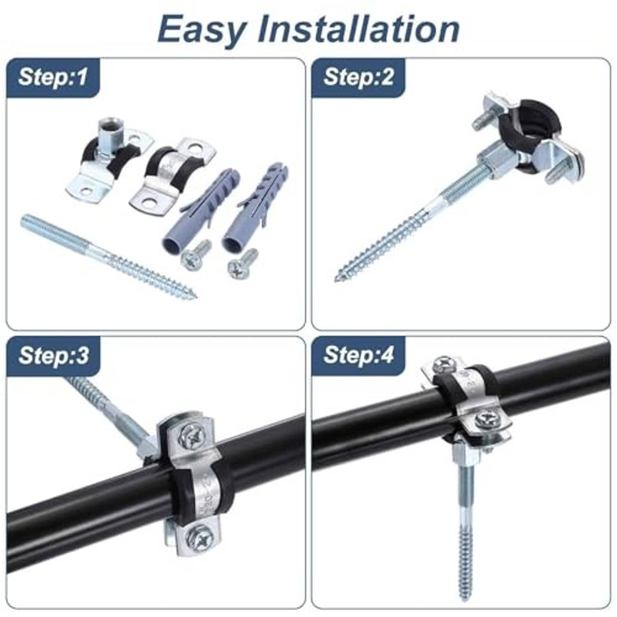 Split ring pipe hanger clamps with bolts shown in four-step installation sequence