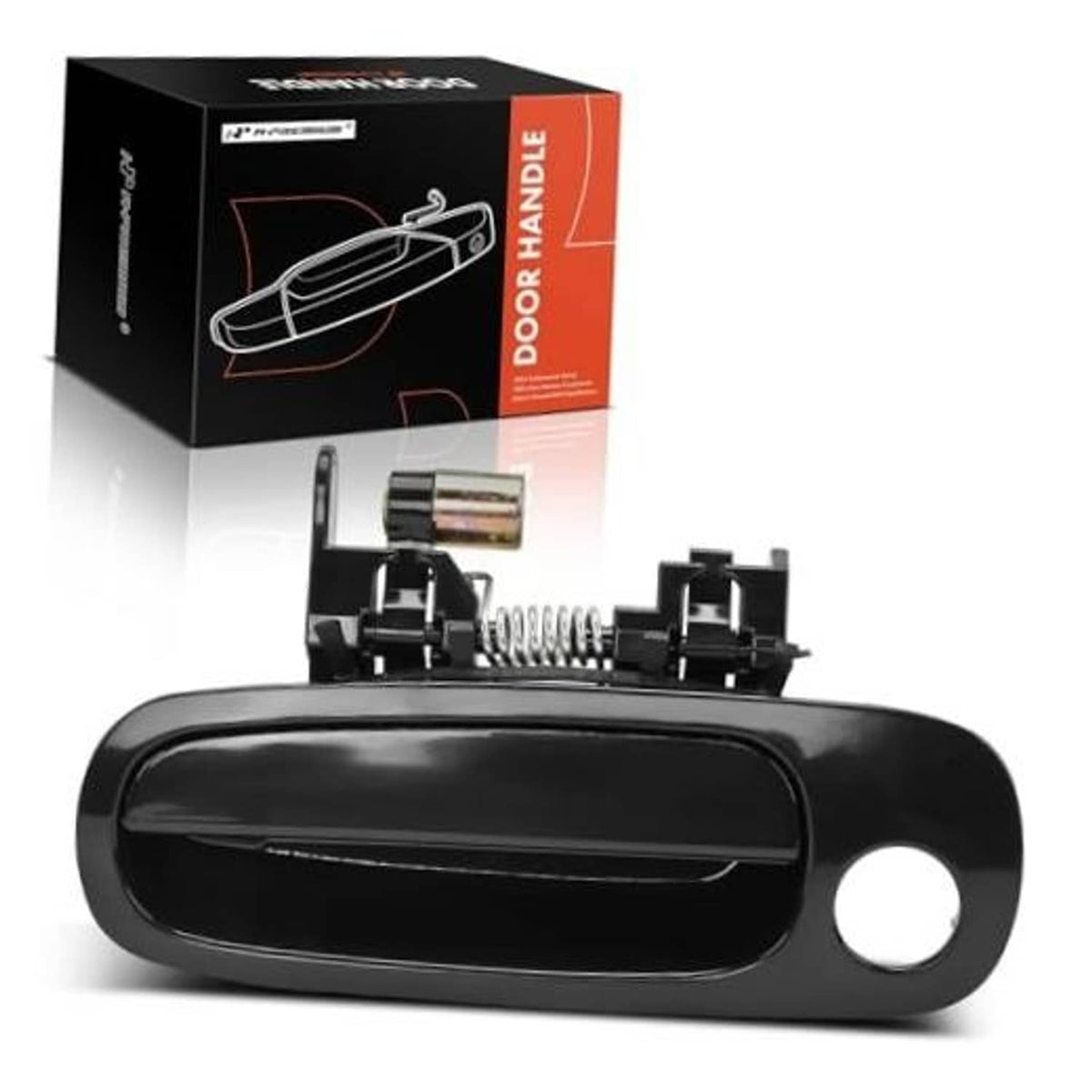 Front left exterior door handle with keyhole, smooth black ABS finish