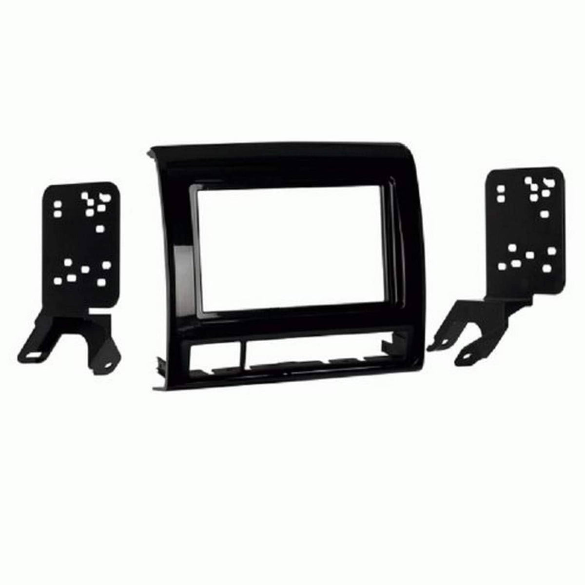 Double DIN dash kit frame with mounting brackets and side plates, black
